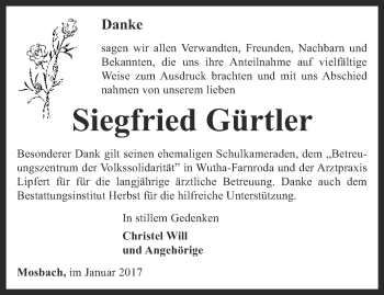 Traueranzeige von Siegfried Gürtler von Thüringer Allgemeine, Thüringische Landeszeitung