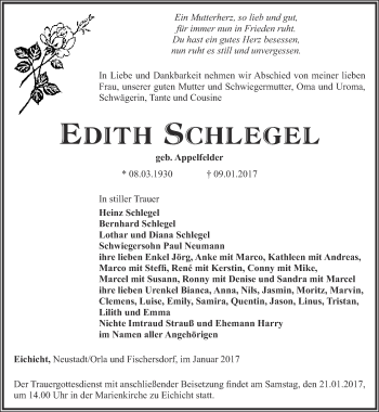 Traueranzeige von Edith Schlegel von Ostthüringer Zeitung