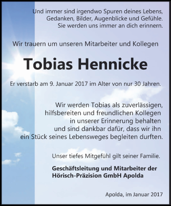 Traueranzeige von Tobias Hennicke von Thüringer Allgemeine, Thüringische Landeszeitung