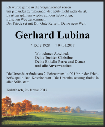 Traueranzeige von Gerhard Lubina von Ostthüringer Zeitung