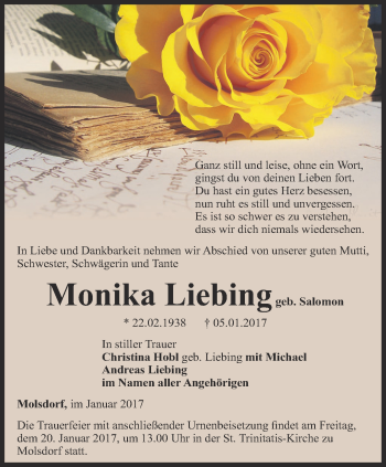 Traueranzeige von Monika Liebing von Thüringer Allgemeine, Thüringische Landeszeitung