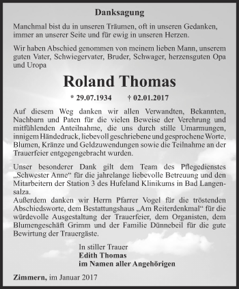 Traueranzeige von Roland Thomas von Thüringer Allgemeine, Thüringische Landeszeitung