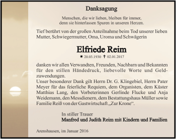 Traueranzeige von Elfriede Reim von Thüringer Allgemeine