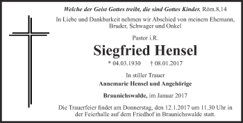 Traueranzeige von Siegfried Hensel von Ostthüringer Zeitung