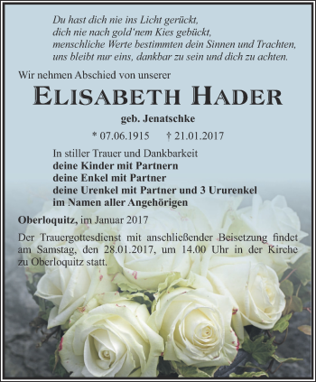 Traueranzeige von Elisabeth Hader von Ostthüringer Zeitung