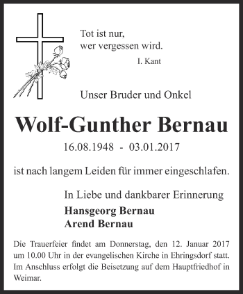 Traueranzeige von Wolf-Gunther Bernau von Thüringer Allgemeine, Thüringische Landeszeitung