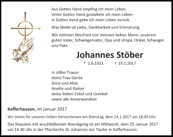 Traueranzeige von Johannes Stöber von Thüringer Allgemeine