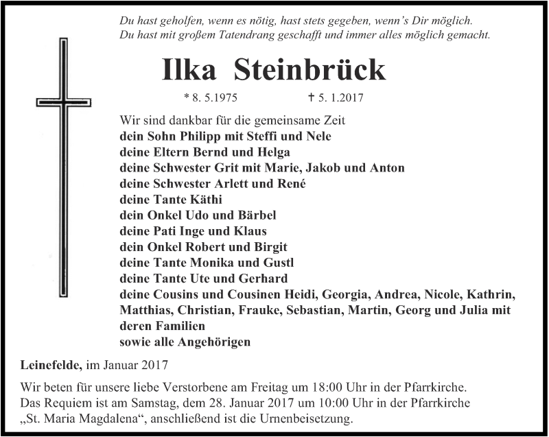  Traueranzeige für Ilka Steinbrück vom 24.01.2017 aus Thüringer Allgemeine