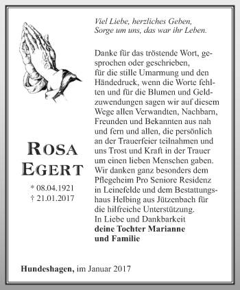 Traueranzeige von Rosa Egert von Thüringer Allgemeine