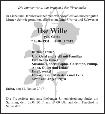 Traueranzeige von Ilse Wille von Thüringer Allgemeine