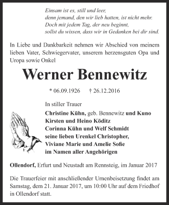 Traueranzeige von Werner Bennewitz von Thüringer Allgemeine, Thüringische Landeszeitung