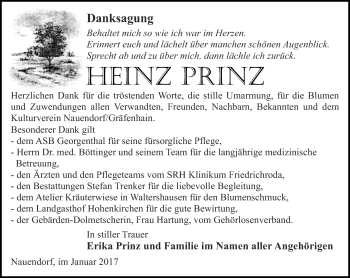 Traueranzeige von Heinz Prinz von Ostthüringer Zeitung, Thüringische Landeszeitung