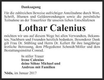 Traueranzeige von Lothar Calenius von Thüringer Allgemeine, Thüringische Landeszeitung