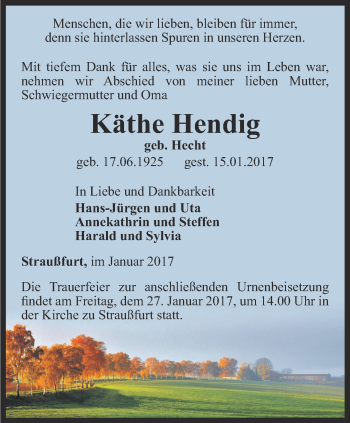 Traueranzeige von Käthe Hendig von Thüringer Allgemeine