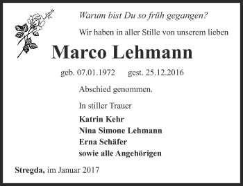 Traueranzeige von Marco Lehmann von Thüringer Allgemeine, Thüringische Landeszeitung