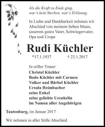 Traueranzeige von Rudi Küchler von Ostthüringer Zeitung, Thüringische Landeszeitung