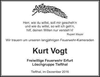 Traueranzeige von Kurt Vogt von Thüringer Allgemeine, Thüringische Landeszeitung