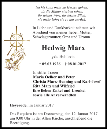 Traueranzeige von Hedwig Marx von Thüringer Allgemeine, Thüringische Landeszeitung