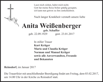 Traueranzeige von Anita Weißenberger von Ostthüringer Zeitung