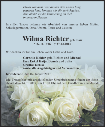 Traueranzeige von Wilma Richter von Thüringer Allgemeine