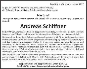 Traueranzeige von Andreas Schiffner von Thüringer Allgemeine, Thüringische Landeszeitung, Ostthüringer Zeitung