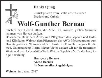 Traueranzeige von Wolf-Gunther Bernau von Thüringer Allgemeine, Thüringische Landeszeitung