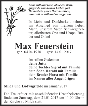 Traueranzeige von Max Feuerstein von Ostthüringer Zeitung, Thüringische Landeszeitung