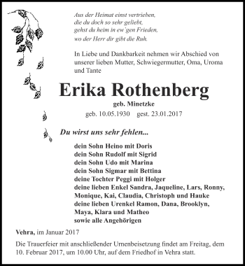 Traueranzeige von Erika Rothenberg von Thüringer Allgemeine