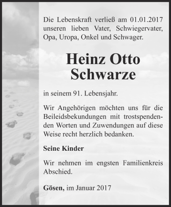 Traueranzeige von Heinz Otto Schwarze von Ostthüringer Zeitung