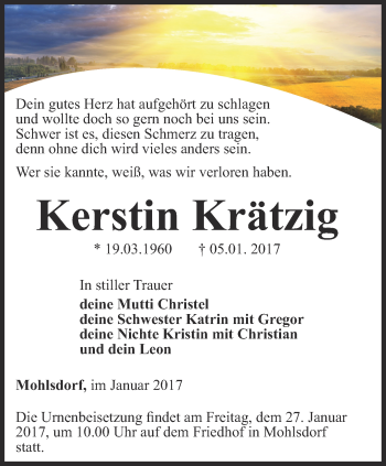 Traueranzeige von Kerstin Krätzig von Ostthüringer Zeitung