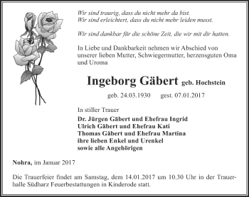 Traueranzeige von Ingeborg Gäbert von Thüringer Allgemeine