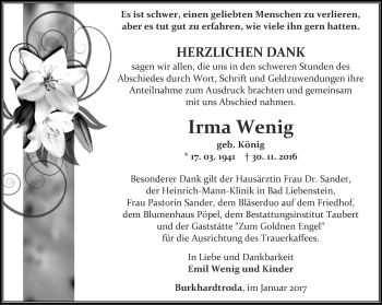 Traueranzeige von Irma Wenig von Thüringer Allgemeine, Thüringische Landeszeitung