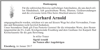Traueranzeige von Arnold Gerhard von Ostthüringer Zeitung