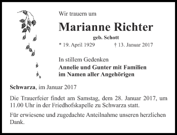 Traueranzeige von Marianne Richter von Ostthüringer Zeitung