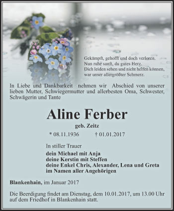 Traueranzeige von Aline Ferber von Thüringer Allgemeine, Thüringische Landeszeitung