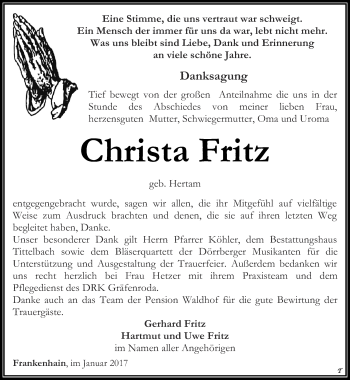 Traueranzeige von Christa Fritz von Thüringer Allgemeine