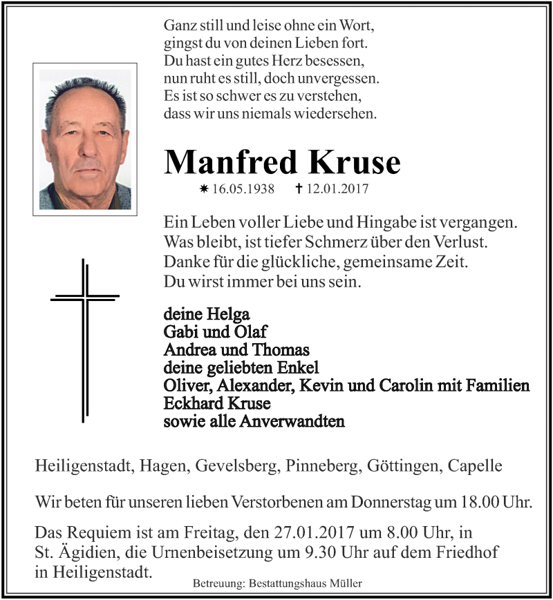  Traueranzeige für Manfred Kruse vom 24.01.2017 aus Thüringer Allgemeine