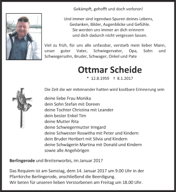 Traueranzeige von Ottmar Scheide von Thüringer Allgemeine