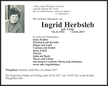 Traueranzeige von Ingrid Herbsleb von Thüringer Allgemeine, Thüringische Landeszeitung