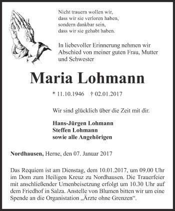 Traueranzeige von Maria Lohmann von Thüringer Allgemeine