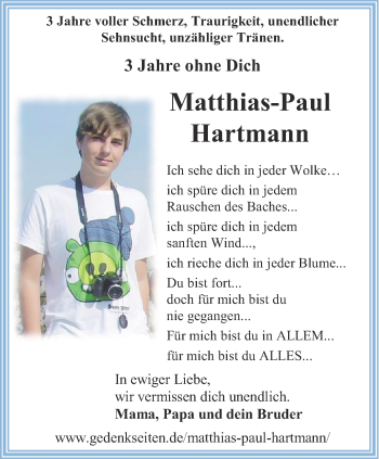Traueranzeige von Matthias-Paul Hartmann von Thüringer Allgemeine