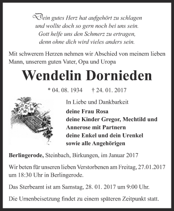 Traueranzeige von Wendelin Dornieden von Thüringer Allgemeine