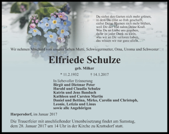 Traueranzeige von Elfriede Schulze von Ostthüringer Zeitung