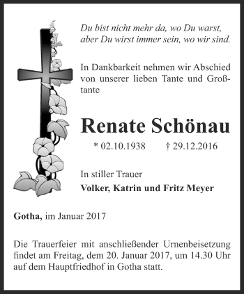 Traueranzeige von Renate Schönau von Ostthüringer Zeitung, Thüringische Landeszeitung