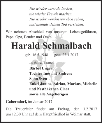 Traueranzeige von Harald Schmalbach von Thüringer Allgemeine, Thüringische Landeszeitung