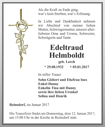 Traueranzeige von Edeltraud Helmboldt von Thüringer Allgemeine