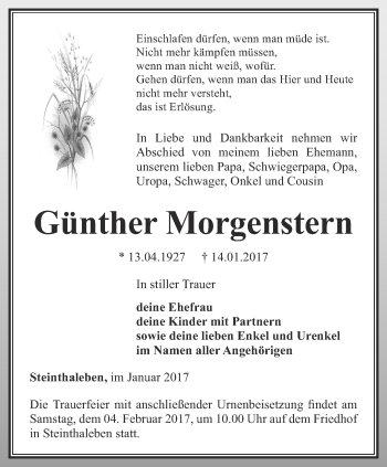 Traueranzeige von Günther Morgenstern von Thüringer Allgemeine