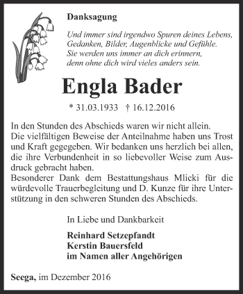 Traueranzeige von Engela Bader von Thüringer Allgemeine