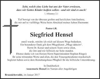 Traueranzeige von Siegfried Hensel von Ostthüringer Zeitung