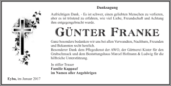 Traueranzeige von Günter Franke von Ostthüringer Zeitung